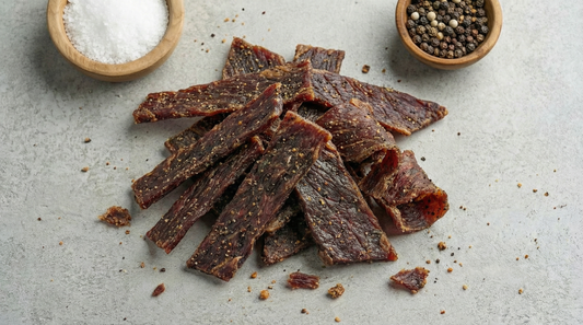 Beef Jerky: strips of beef jerky on a light surface beside bowls of salt and peppercorns