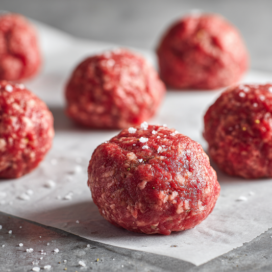 Smashed Beef Burgers: small raw beef burger balls on baking paper
