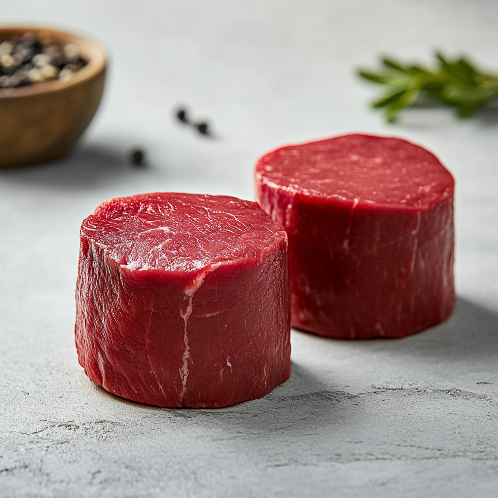 Aged Tenderloin / Fillet: two thick raw tenderloin medallions beside a small bowl of peppercorns