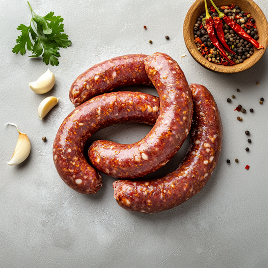 Moroccan Sausages 900 g: curled raw sausages with parsley, garlic and chillies on a light surface