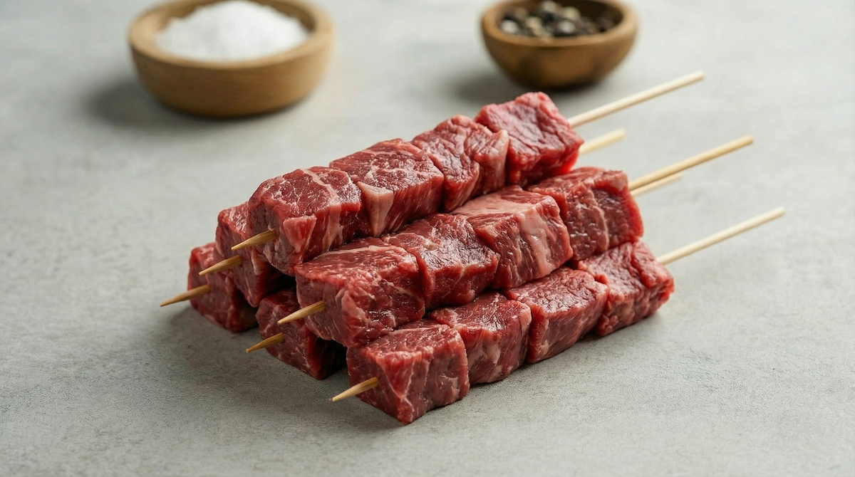 Aged Tenderloin Kebab: raw tenderloin kebab skewers beside bowls of salt and peppercorns
