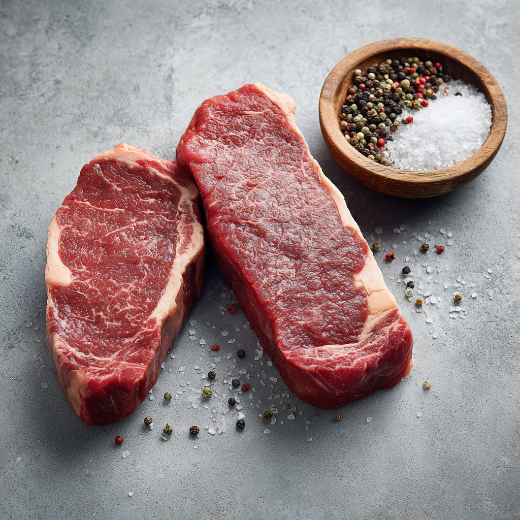 Two raw steaks with a bowl of spices on a gray surface