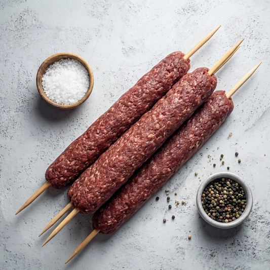 Three skewered meat sticks on a gray surface with salt and pepper bowls.
