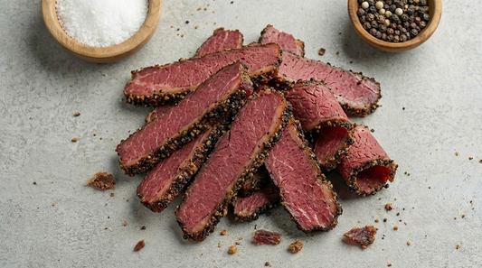 Sliced beef with salt and pepper on a concrete surface